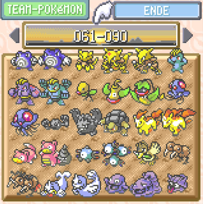 Screenshot der ersten Box mit Pokémon 061 bis 090