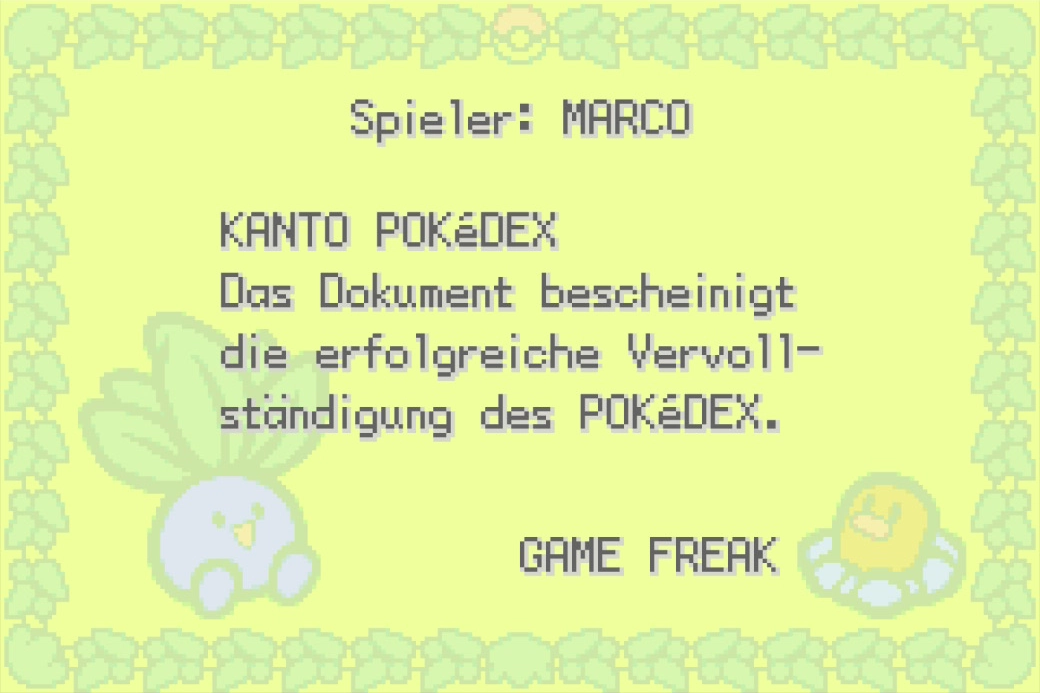 Screenshot des Diploms für den vollständigen Kanto-Dex in Pokémon Feuerrote Edition und Blattgrüne Edition in Prismania City